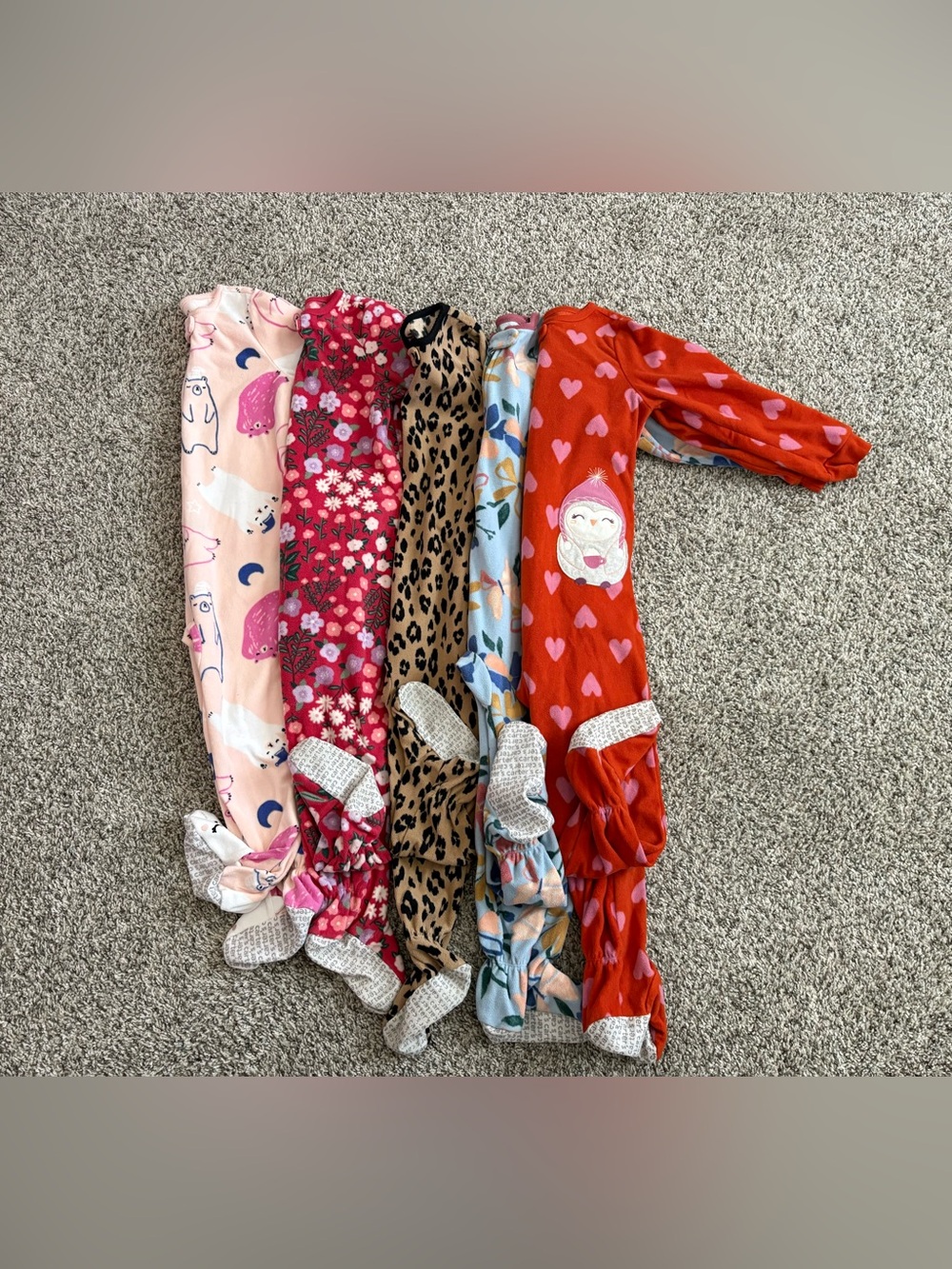 Girls Mixed Print Footed Pajama Lot - Hearts, Leopard, Floral, Pastel Prints